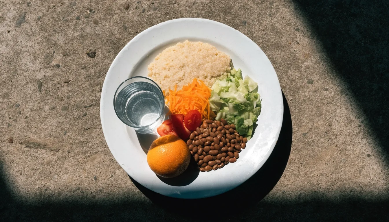Household plate seen from above on a plain surface, holding maize meal, beans, chopped cabbage, grated carrot, tomato and a glass of water